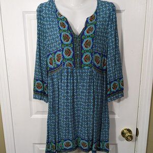Umgee Blue Floral Long Sleeve Split Neck Flowy Peasant Dress - size S